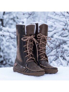Laurentian Chief Brown Leather Sheepskin Mid-Calf Snowshoe Mukluks Women's Sz 11